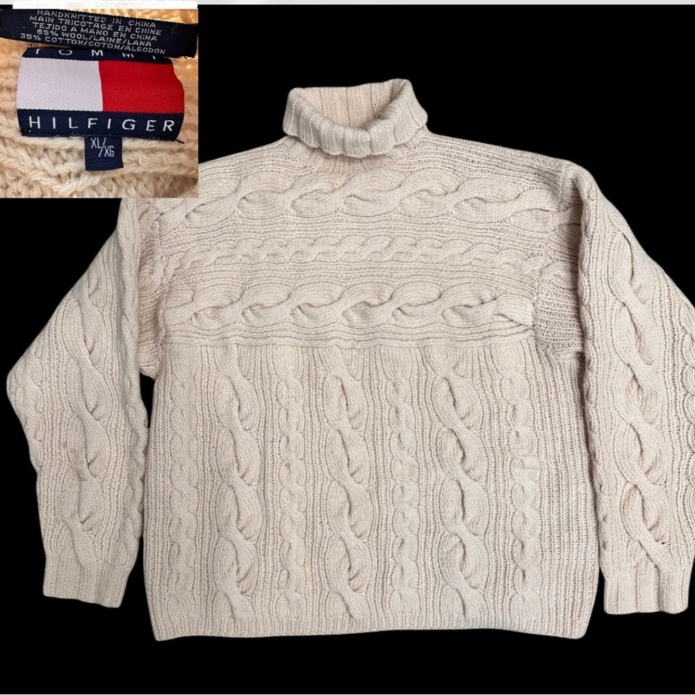 Vintage Tommy Hilfiger Cream Cable Knit Sweater XL Chunky Hand Knit Fisherman